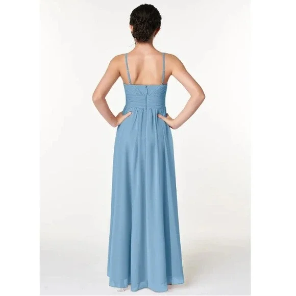 Azazie Catalina Junior Girls Steel Blue A-Line Ruched Chiffon Dress Size J12